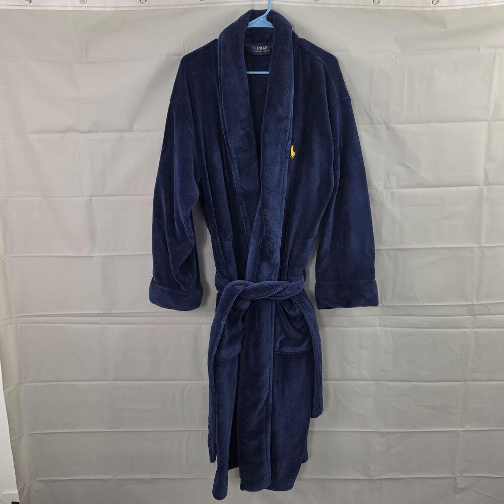 Polo Ralph Lauren Robe Men One Size Navy Fleece Belted Shawl Collar Lounge Cozy